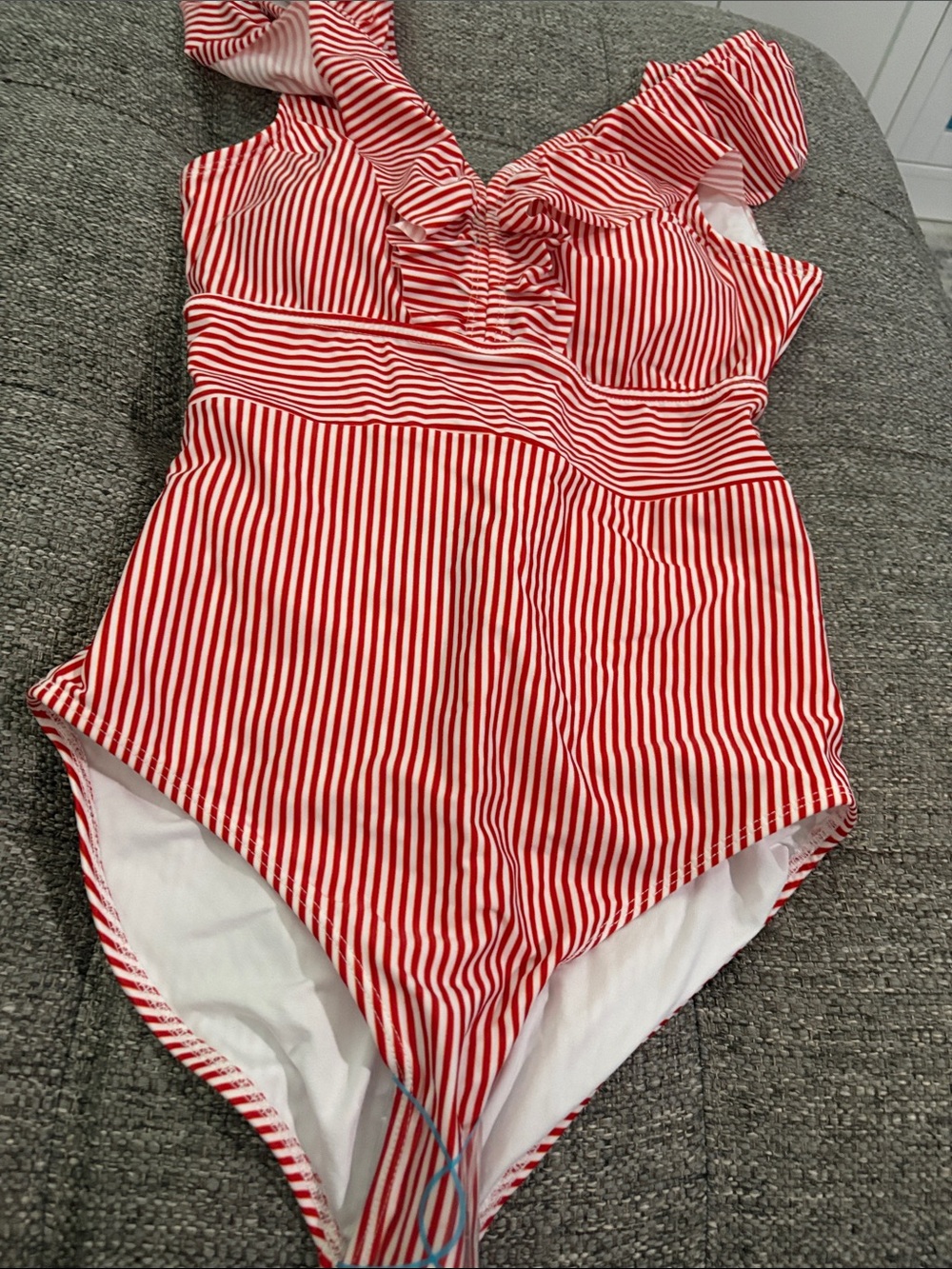 Aava Red & White Striped Ruffle-Shoulder One-Piece Swimsuit small